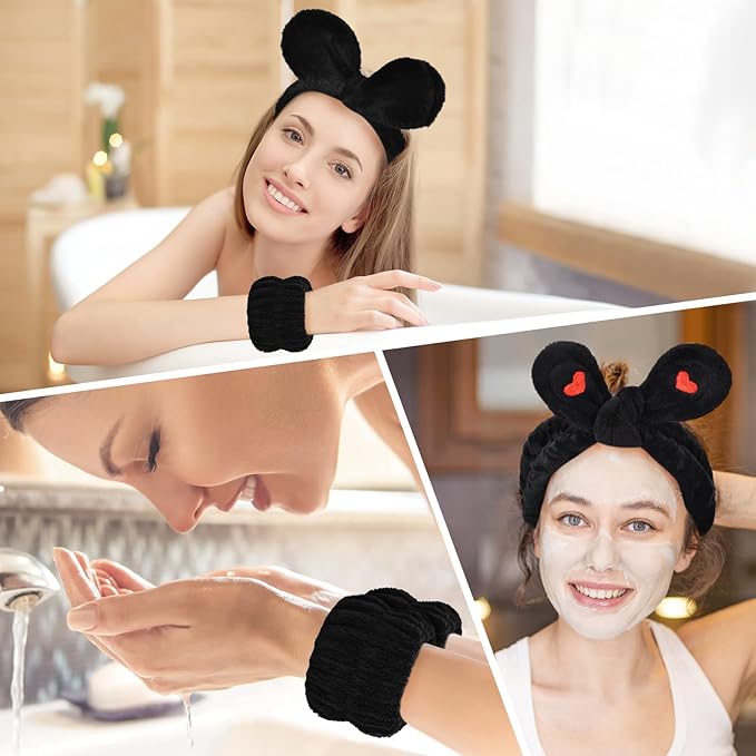 4Pack Headband and Wristband Set for Washing Face, Spa Skincare Makeup Headband, Soft Puffy Hair Band Bow Tie, for Women and Teen Girl Trendy Stuff Gifts