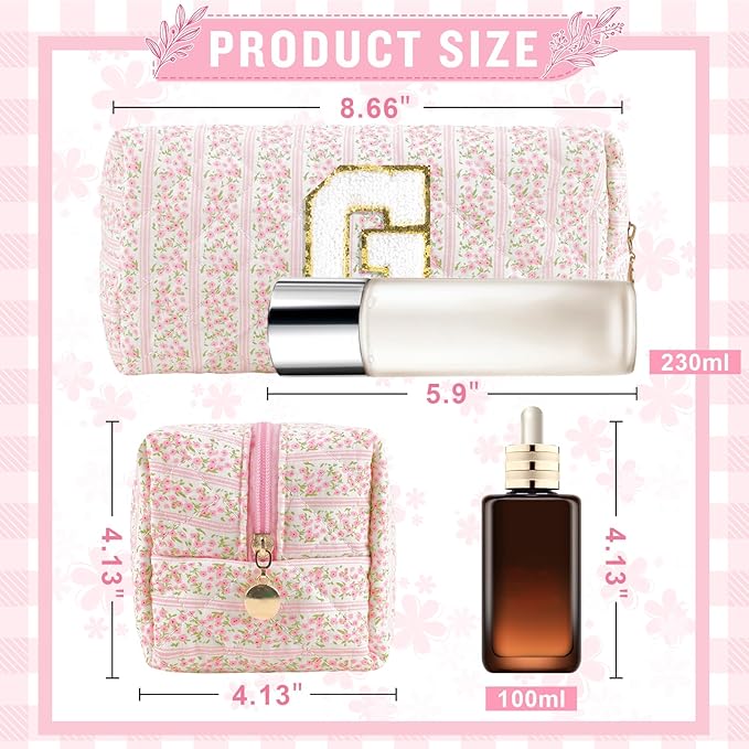 Personalized Quilted Cosmetic Bag, Puffy Monogrammed Christmas Birthday Gifts for Women & Girls, Cute initial Floral Makeup Bag Puffer Coquette Bag, Aesthetic Travel Toiletry Zipper Pouch(Pink,G)