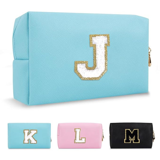 Small Personalized Initial A-Z Preppy Patch Makeup Bag,PU Chenille Letter Travel Cosmetic Pouch with Zipper,Blue Cute Toiletry Bag,Gift Ideal for Teen Girls Women Teacher Bridesmaid,Letter J