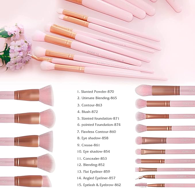 ZOREYA Makeup Brush Set - 15 Pcs Premium Synthetic Foundation Concealers Eye Shadows Make Up Brush,Eyeliner Brushes(Pink)