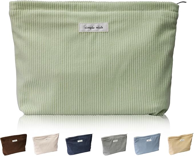 Wudygirl Travel Makeup Bag,Portable Cosmetic Bags,Large Capacity Makeup Bag Organizer for Women,Corduroy Zipper Pouch(Light Green)