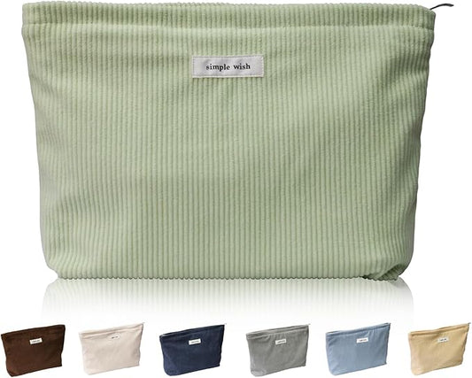 Wudygirl Travel Makeup Bag,Portable Cosmetic Bags,Large Capacity Makeup Bag Organizer for Women,Corduroy Zipper Pouch(Light Green)