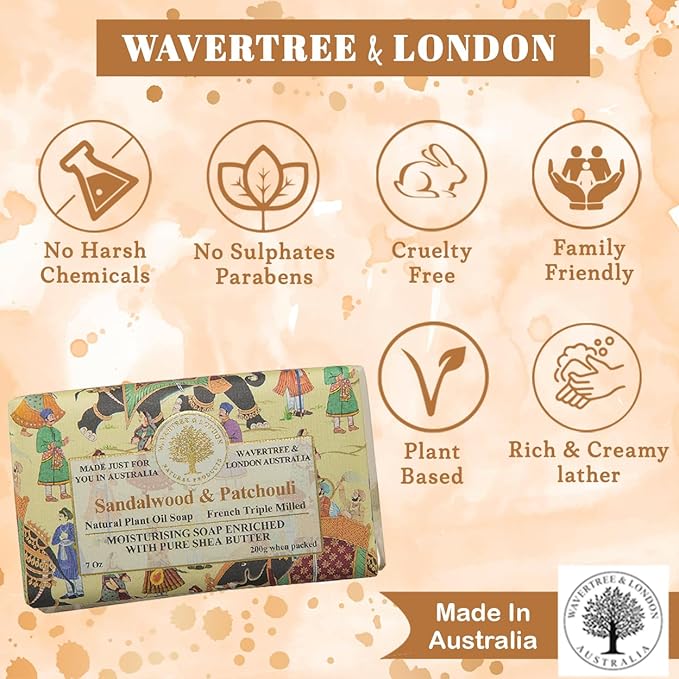 Wavertree & London Sandalwood & Patchouli Scented Natural Soap (2 Bars), 7oz Moisturizing French Triple Milled Soap Bars enriched with shea butter - Pure Plant Oil Bath & Body Bars for All Skin Types