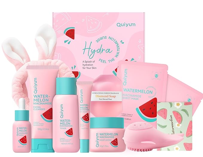 Watermelon Skin Care Kit for Girls Teen, 7 Daily Routine Beauty Skincare Sets- Gift Set with Facial Cleanser, Toner, Eye Cream, Cream, Serum, Facial Mask, Handmade Soap, Face Care Set for Travel