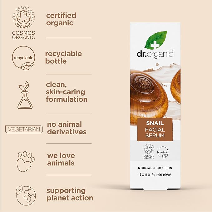 Dr. Organic Snail Gel Facial Serum | Hydrates and Restores Skin, Reduces Fine Lines, Natural, Certified Organic, Paraben & SLS-Free, 30 mL / 1 fl oz