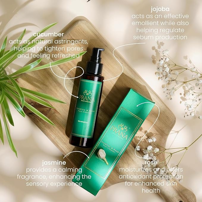 PRANA Rose & Jasmine Facial Cleanser - Natural Face Wash with Ayurvedic Ingredients, Jojoba & Rose Oil, Jasmine Oil & Cucumber - Anti-Aging & Brightening Face Wash - Vegan, Cruelty-Free - 100ml