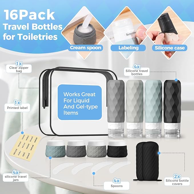 16Pack Travel Bottles for Toiletries, TSA Approved Travel Size Toiletries Containers Set, Silicone Leak Proof Refillable Bottles Elastic Sleeves Creams Jars Accessories Kit W/Clear Bag (Gray)