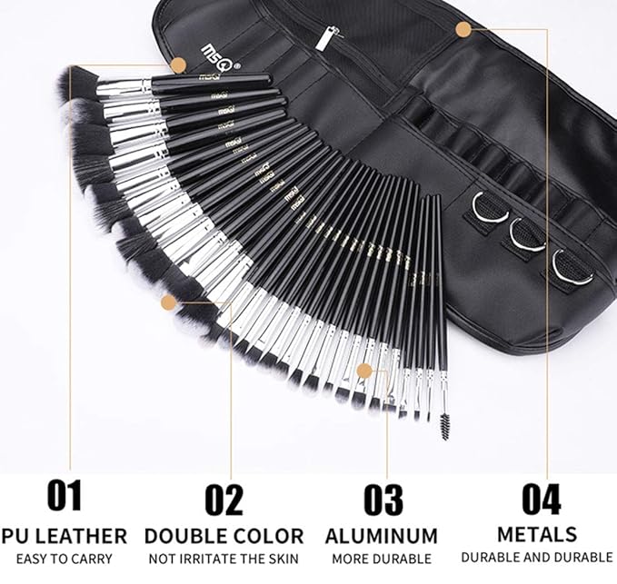 MSQ Makeup Brushes Set 29pcs Professional Cosmetics Brushes with Belt Waist Makeup Bag (Foundation, Powder, Creams, Liquids & Eye Brushes) for Women/Girls/Artists/Holiday gifts/travel