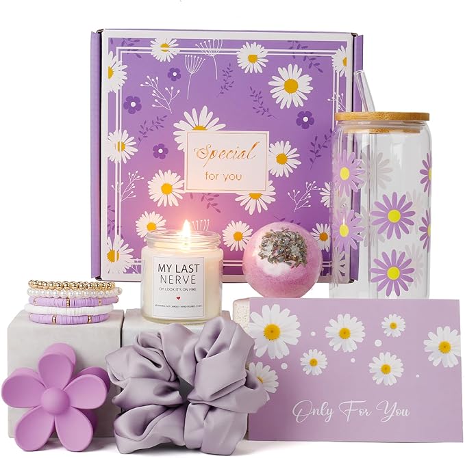 Birthday Gifts for Women Friendship, Teen Girls, Girls, Unique Cute Birthday Gift Box For Girl, Her, Sister, Daughter, Friends, Ideas Cute Daisy Aesthetic Glass Cups Gifts Set (Purple)