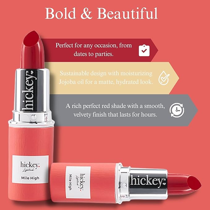 Hickey Lipstick Mile High Organic Perfect Red Lipstick Refill - Long Lasting Lipstick for Women - Hydrating & Moisturizing Shade, Best Lip Color for Women, Gluten-Free & Vegan with Highly Pigmented