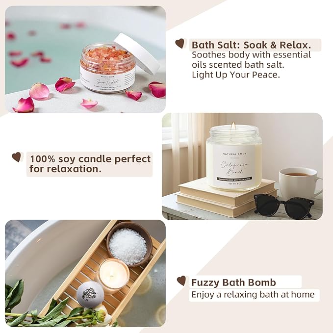 Natural Amor Handmade Bath Body Gift Set,6 pcs Self Care Gift for Women,Includes Soap Bar, Bath Bomb, Clay Mask, Candle- Thank you Gift for Pampering