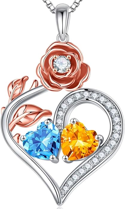 Iefil Rose Heart Birthstone Necklaces for Women - 925 Sterling Silver Double Birthstone Necklace, Anniversary Birthday Gifts for Women, Jewelry Gifts for Wife Her