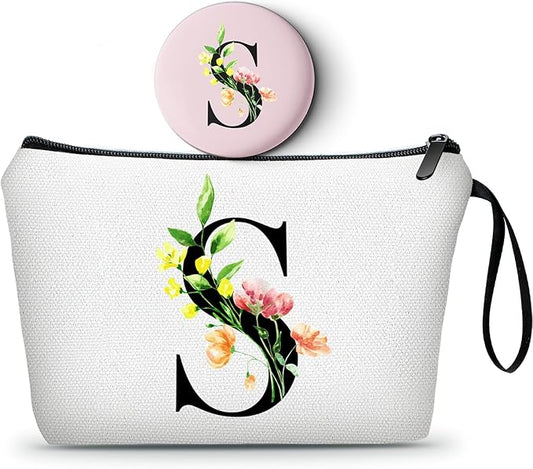 SEAMOON Birthday Bridal Shower Unique Initial Gifts for Women Mom Sister Daughter Friend Bff Personalized Travel Makeup Cosmetic Bag with Mirror Valentines Mothers Day Christmas Graduation S