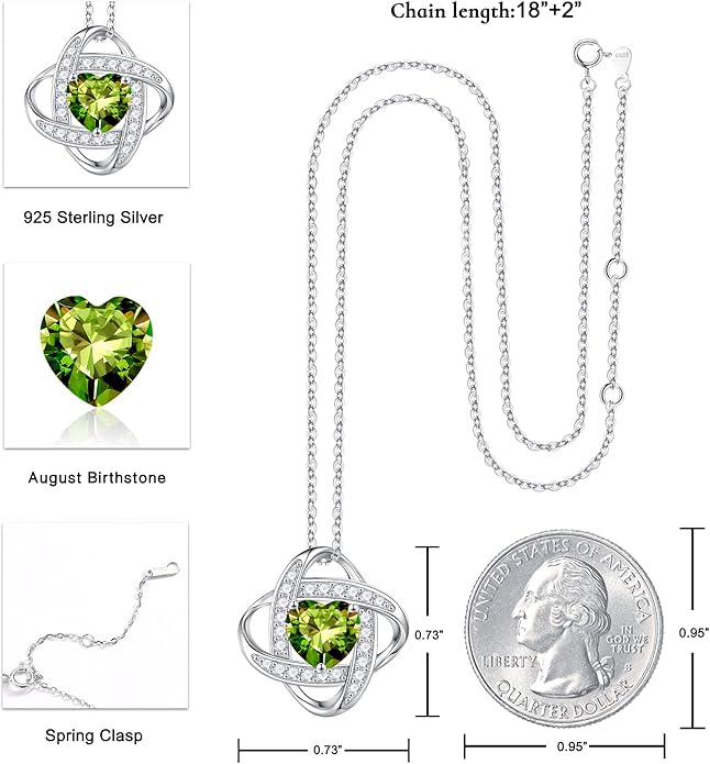Iefil 925 Sterling Silver Love Knot Birthstone Necklace, Natural or Created Gemstone, Anniversary Birthday Gifts for Women, Jewelry Gifts for Wife Mom Girlfriend