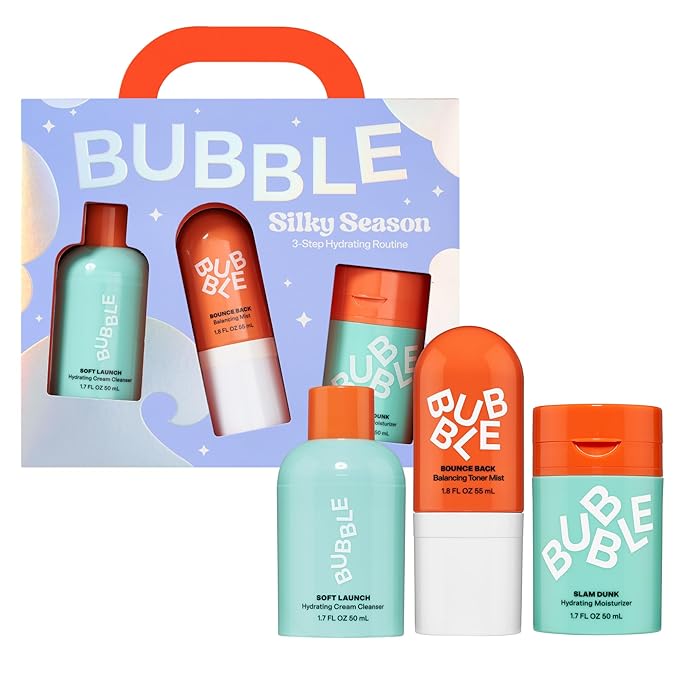 Bubble Skincare Silky Season 3-Step Hydrating Skin Care Set - Travel Size Skincare for Dry Skin - Soft Launch Cream Cleanser, Bounce Back Hydrating Toner Spray & Slam Dunk Moisturizer (3 Count)