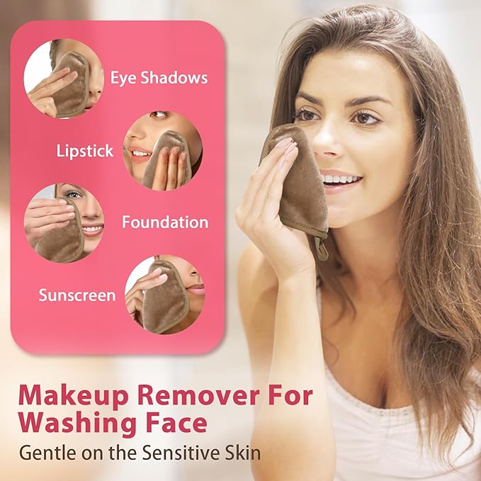 Makeup Remover Cloth, 6" x 6" Make Up Towels Reusable Face Cloth for Washing Face, Makeup Remover Pads Microfiber Face Washcloth with Mesh Bag, Just Water, 12 Pack, Light Brown