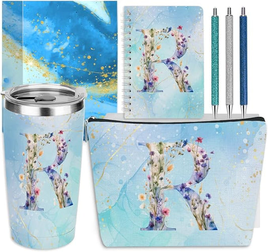 Personalized Gifts Monogrammed Birthday Gifts for Women, New Mom, Grandma Thank You Christmas, Initial 20 oz Tumbler, Makeup Cosmetic Bag Cup Pens Journal Notebook 6 Set, (Aesthetic Blue Flower R)