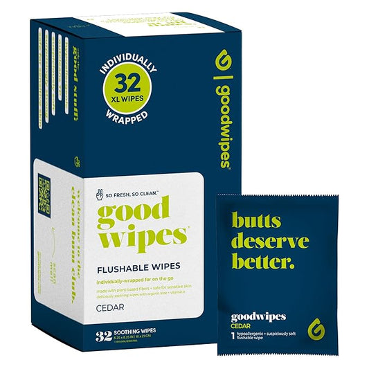 goodwipes Flushable Wipes - Individually Wrapped Butt Wipe for On-the-Go Adults - Portable Mini Wipes - Travel Essentials - Sewer & Septic Safe - Cedar, 32 Count (1 Pack)
