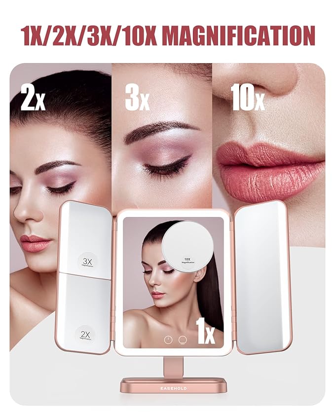 EASEHOLD Rechargeable Vanity Mirror with Lights, 116 LEDs Make up Mirror, 3-Color Lighted Makeup Mirror, 2X/3X/10X Magnification, 5000 mAh, Touch Sensor, Light up Mirror, Gifts for Women