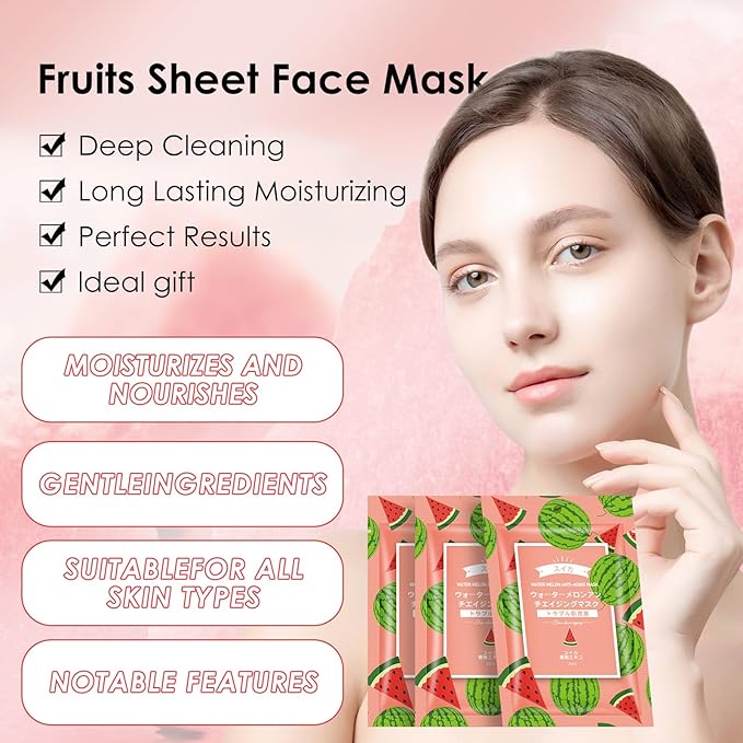 10 Pack Fruits Sheet Face Mask, Watermelon Refreshing Mask SkinCare, Moisturizing Face Mask, Leaves Skin Smoother Looking Hydration With Antioxidants Natural Vegan for All Skin Types