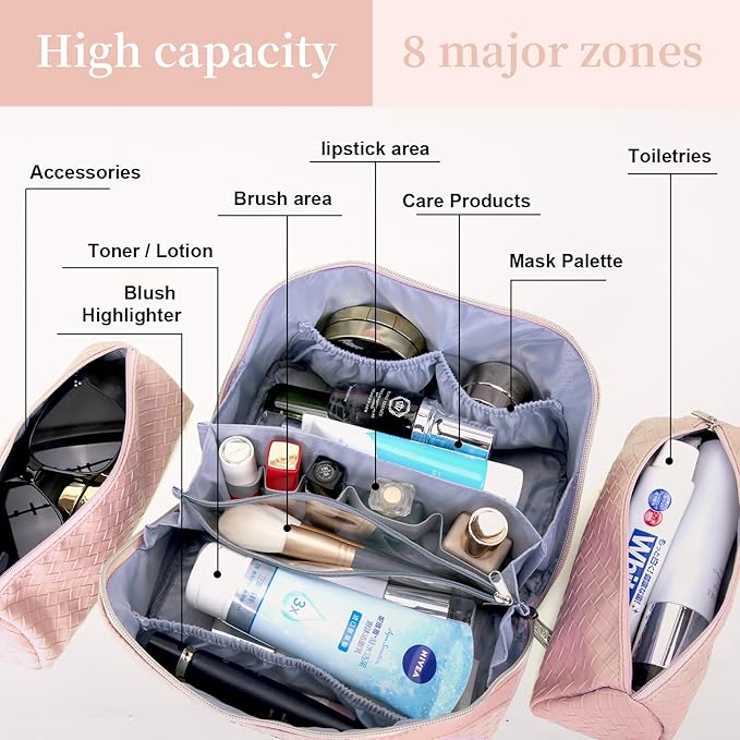 BOYATU Travel Makeup Bags for Women: Large Cosmetic Bag Waterproof - Vegan Leather Make up Bag Set of 3 - Compact Toiletry Organizer with Compartments & Handle & Divider (L02 Light Pink)