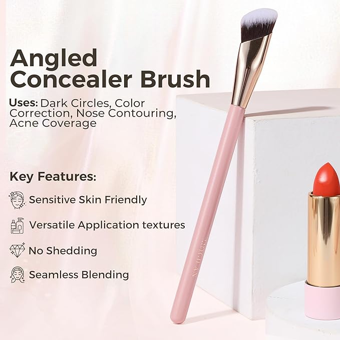 Concealer Brush with Travel Cover – Angled Under Eye Makeup Small Foundation Precision Face Blending Brush for Color Corrector & Nose Contour, Soft Vegan Bristles for Sensitive Skin (PINK)