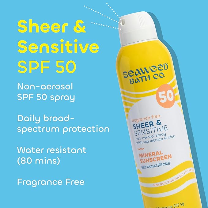 Seaweed Bath Co. Sheer Mineral Sensitive SPF 50 Broad Spectrum Sunscreen Spray - Fragrance Free, Non-Nano, Skin-Friendly Formula - 6 oz
