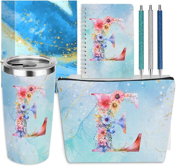 Personalized Gifts Monogrammed Birthday Gifts for Women, Daughter Bestie Friendship Christmas Initial 20 oz Tumbler, Makeup Bag Cup Ballpoint Pens Journal Notebook 6 Set, (Aesthetic Blue Flower E)