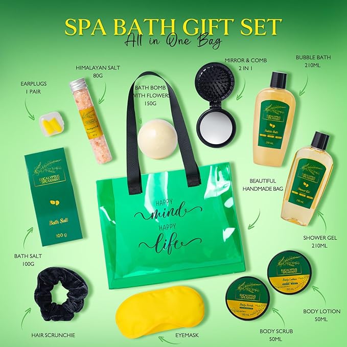 Home Spa Gift Basket, Bath Spa Kit for Women, Eucalyptus & Mint Relaxation Spa Set with Body Lotion, Shower Gel, Bath Bomb, 13pcs Unique Birthday Gifts for Women Gifts for Woman Her Teen