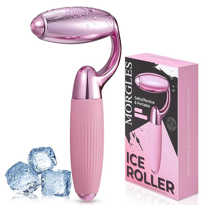 MORGLES Ice Roller for Face, Professional Face Roller Cryotherapy Tool to Reduce Puffiness, Redness & Headaches, Tighten Skin and Improve Lymphatic Drainage with Ergonomic Handle (Pink)