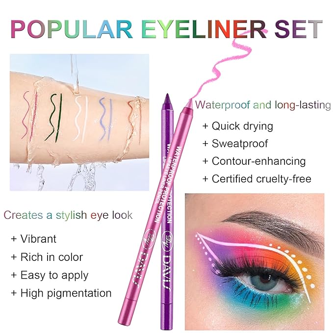 7 Colorful Eyeliner Pen Set, Eye Shadow Pencil, Pearl Eyeliner Kit Metallic Glitter Colored Eye liner for Women Eye&Lip Liner Professional Waterproof Eye Makeup (7PCS C)