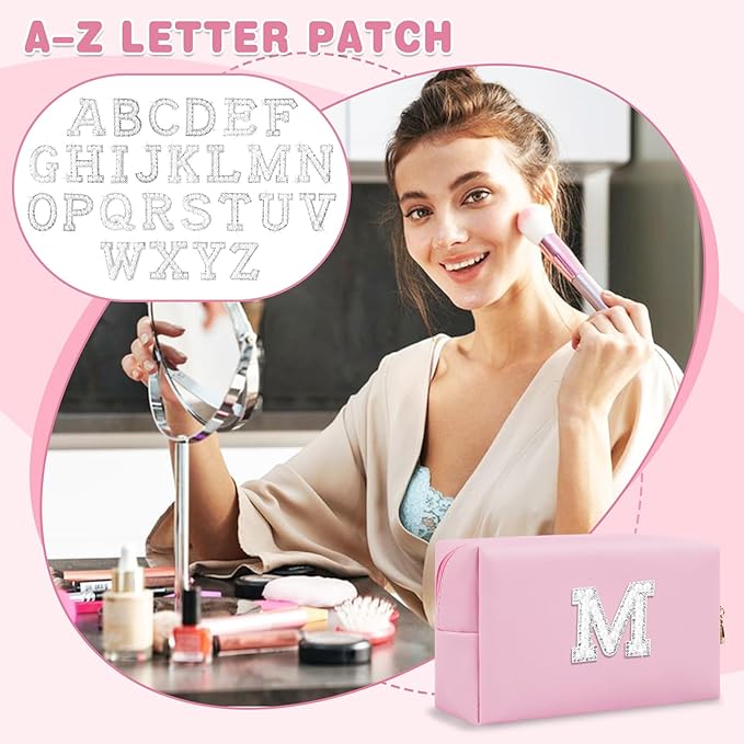 ChaoGreat Bride Gifts – Personalized Initial Makeup Bag with Pearl Rhinestone Patch, Preppy Pink Monogram Cosmetic/Toiletry Pouch, bridesmaid Gifts, Bridal Shower Gifts, Wedding Gifts, Bridal Gifts,M