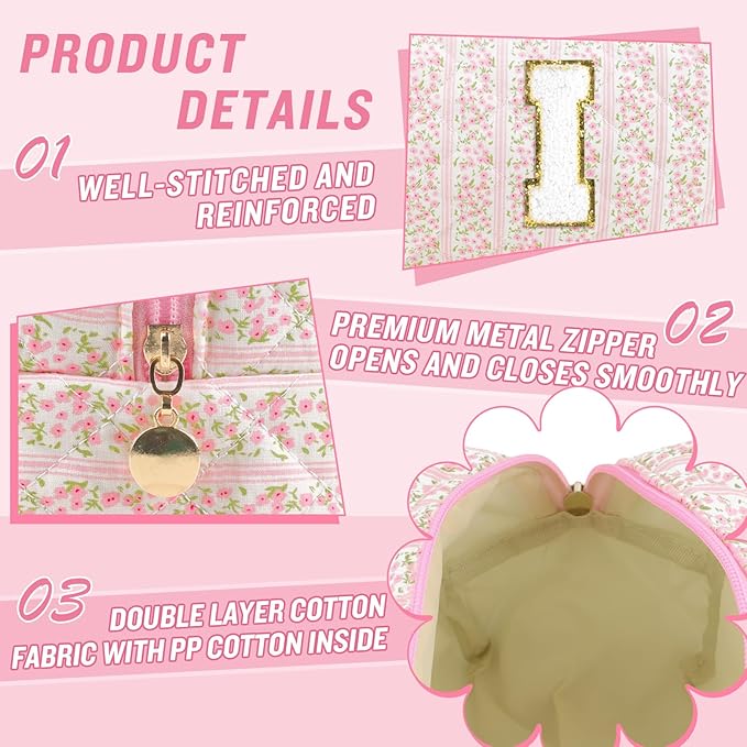 Personalized Quilted Cosmetic Bag, Puffy Monogrammed Christmas Birthday Gifts for Women & Girls, Cute initial Floral Makeup Bag Puffer Coquette Bag, Aesthetic Travel Toiletry Zipper Pouch(Pink,I)