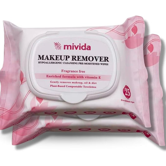 mivida Hypoallergenic Makeup Remover Wipes 2 Pack of 25 Count | Biodegradable Facial Cleansing Make up Remover Face Wipes with Vitamin E | Fragrance Free, Alcohol Free, Plant Based 50 Count wipes