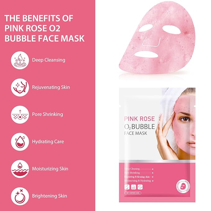 10 Sheets Pink Rose O2 Bubble Face Masks Skincare, Hydrating Moisturizing Bubble Face Masks for for All Skin Types, Sheet Masks Cleaner Foaming Purifying Facial Mask for Pores
