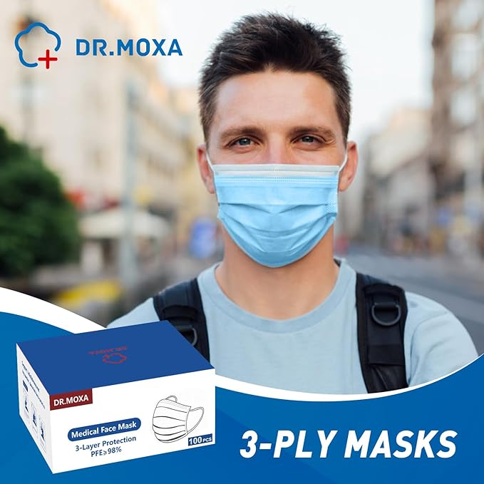 DR.MOXA 50 Pack Disposable Face Masks, Medical Grade 3 Ply Masks for Protection Blue