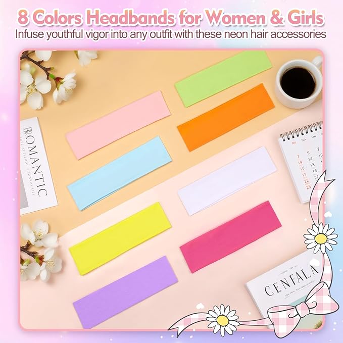 Stocking Stuffers for Teen Girls Women, 8Pcs Headbands for Women, Woman Gift for Her Neon Head Bands Hair Accessories Stretchy Soft hairband Valentines Day Gf Christmas Gifts Easter Basket Stuffers