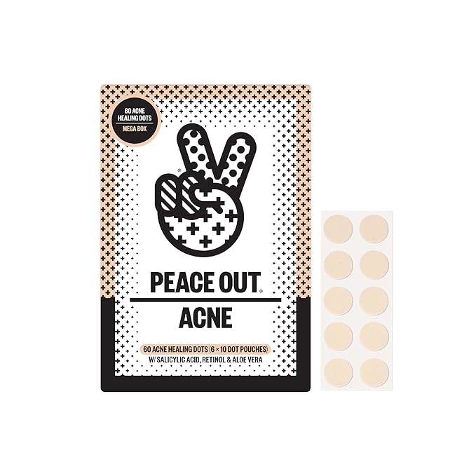 PEACE OUT Acne Healing Dots Helps Clear Blemishes Overnight, Fast Acting Hydrocolloid Pimple Patches for Breakouts with Salicylic Acid, Retinol and Aloe Vera, Award Winning Skincare Solution 60 Count