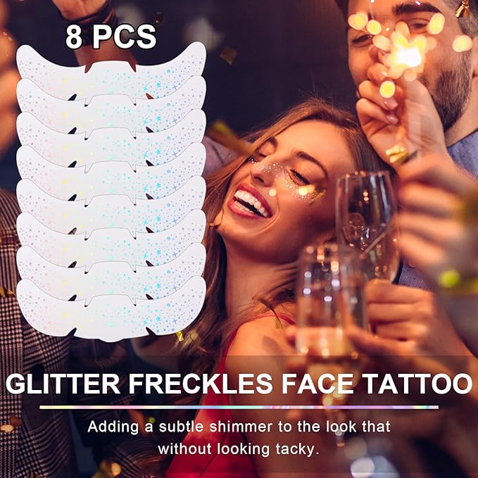 8Pcs Face Makeup Patches, Glitter Freckles Face Tattoo for Teenagers & Young Women, Sparkle Freckles Makeup Patches, Waterproof Face Glitter Freckles for Christmas (8PcsB Holographic Multicolor)