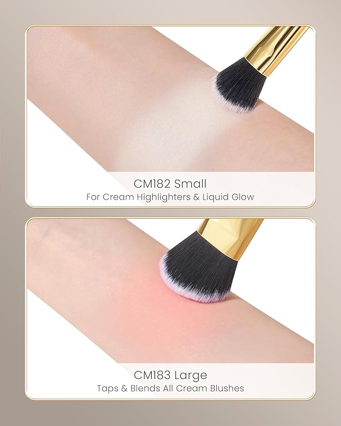 Desert Oak Series Cream Cheek Duo Brush Set - CM 182 Precision Highlighter & CM 183 Angled Blush Brush for Cream/Liquid Products, Bubinga Handle & Brass Ferrule