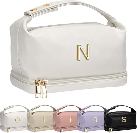 Engagement Gifts, Initial Large Makeup Bag, Personalized Double Layer Cosmetic Bag with Makeup Brush Organizer, Waterproof, Large Capacity PU Leather Travel Toiletry Bag