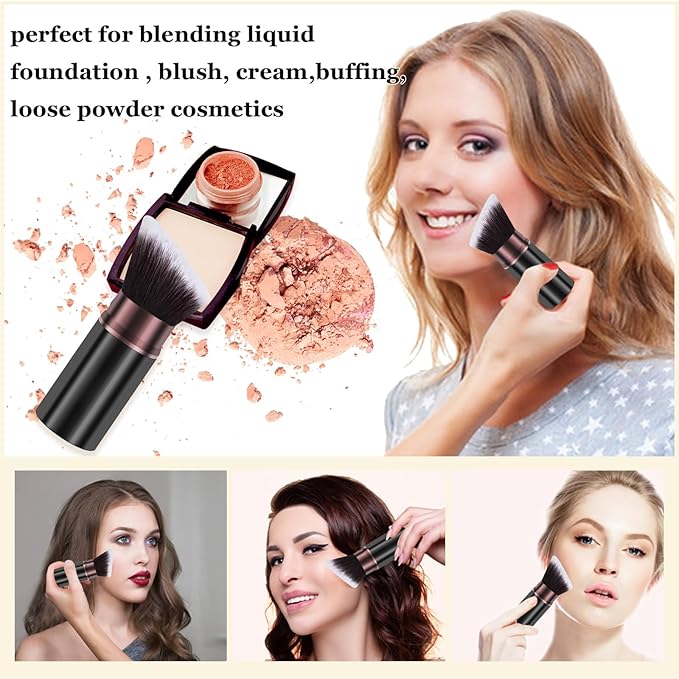 Kabuki Makeup Brush, Retractable Travel Powder Foundation Makeup Brush Face Blush Brushes for Blending Liquid, Bronzer, Buffing, Sunscreen,Flawless Cosmetics