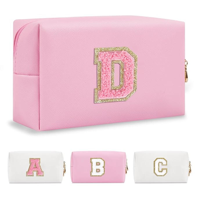 Personalized Initial A-Z Preppy Patch Makeup Bag,Small PU Leather Chenille Letter Cosmetic Bag with Zipper for Teen Girls,Pink Cute Travel Toiletry Bag,Birthday Monogrammed Gift for Daughter,Letter D
