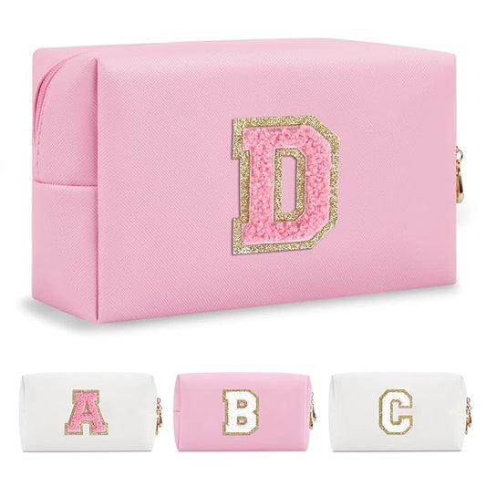 Personalized Initial A-Z Preppy Patch Makeup Bag,Small PU Leather Chenille Letter Cosmetic Bag with Zipper for Teen Girls,Pink Cute Travel Toiletry Bag,Birthday Monogrammed Gift for Daughter,Letter D