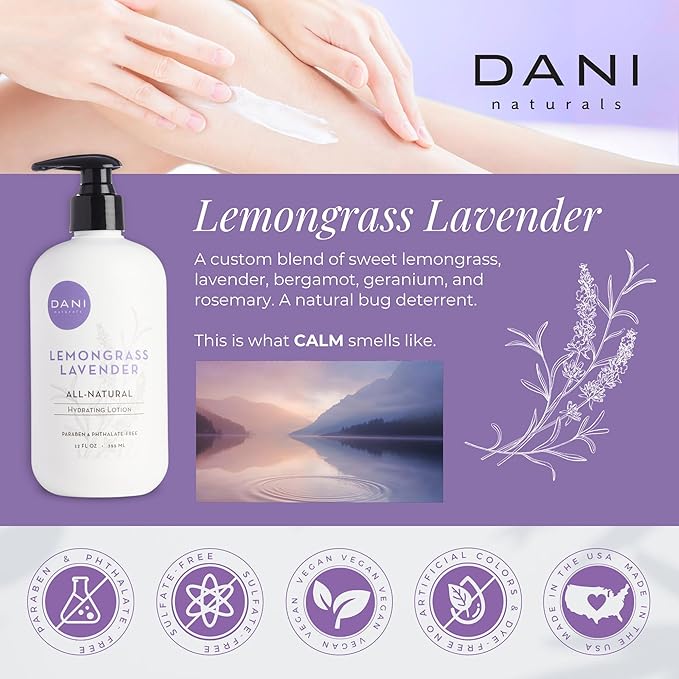DANI Naturals Hand & Body Lotion - Calming Lemongrass Lavender Scent, Moisturizing Lotion with Aloe Vera, Shea Butter & Vitamin E, Deep Hydration for Dry Skin, All Skin Types - 12 Oz