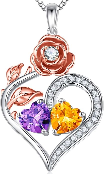 Iefil Rose Heart Birthstone Necklaces for Women - 925 Sterling Silver Double Birthstone Necklace, Anniversary Birthday Gifts for Women, Jewelry Gifts for Wife Her