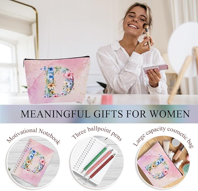 Personalized Gifts Monogrammed Birthday Gifts for Women, Boss Teacher Appreciation Christmas Initial 20 oz Tumbler, Makeup Bag Cup Ballpoint Pens Journal Notebook 6 Set, (Aesthetic Pink Flower D)