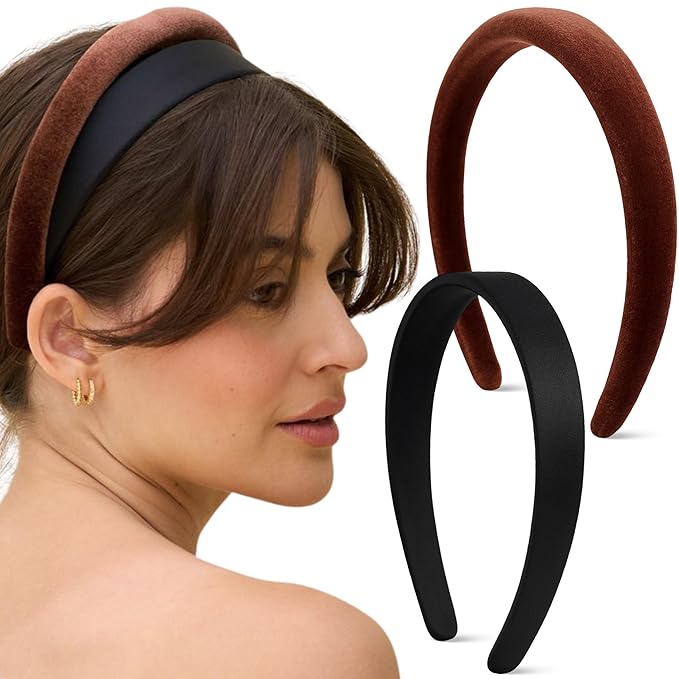 Kitsch Velvet & Satin Headbands for Women - Non Slip, Soft and Lightweight - Stylish Headbands for Girls with Chic Neutral Shades | Ideal Gifts for Women - Black & Chocolate, 2pc Set