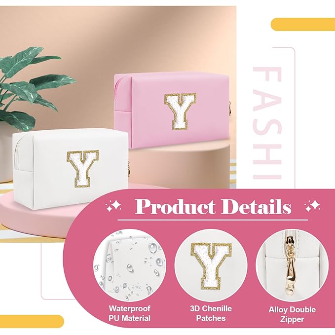 Small Personalized Initial A-Z Preppy Patch Makeup Bag,White PU Chenille Letter Travel Cosmetic Pouch with Zipper,Cute Toiletry Bag,Gift Ideal for Teen Girls Women Teacher Bridesmaid,Letter Y