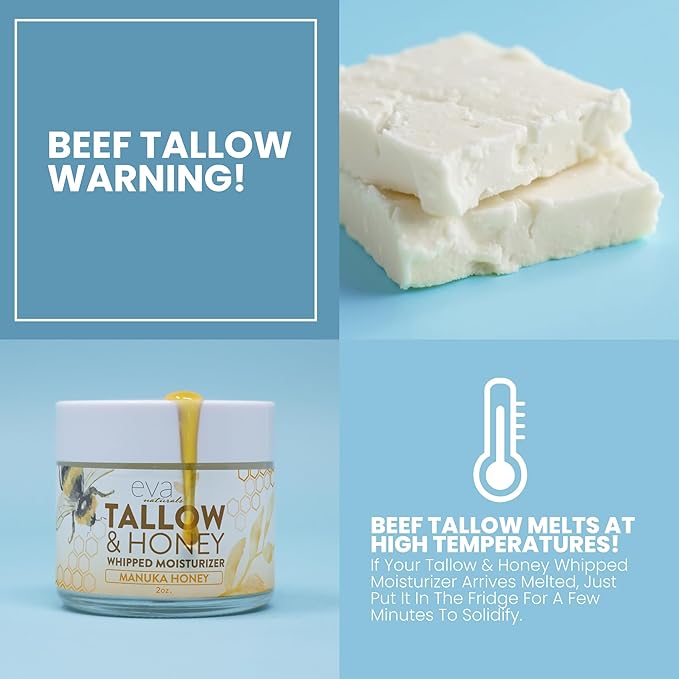 Eva Naturals Whipped Beef Tallow for Skin with Manuka Honey Moisturizer – Balm for Face – Moisturizing Cream for Soft, Smooth Skin - 2oz